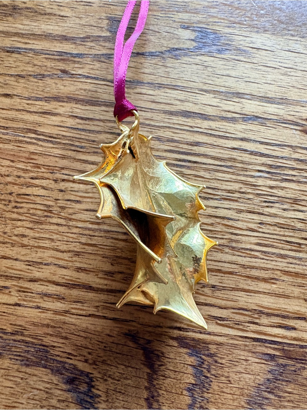 24K Gold Holly Leaf Hanging Christmas Ornament with Burgundy ribbon hanger - Picture 2 of 8